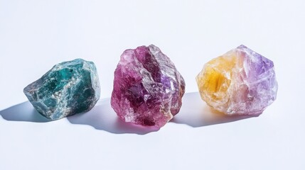 Fototapeta premium raw, uncut gemstones such as rubies, aquamarines, and opals, set on a clean