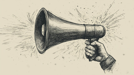 A bold, metallic bullhorn megaphone on a clean white background, A cartoon drawing of microphone with a large, black, red, and white speaker.