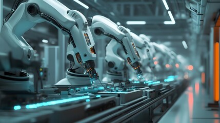 A hyper-modern factory where robotic arms equipped with laser sensors perform continuous quality checks.