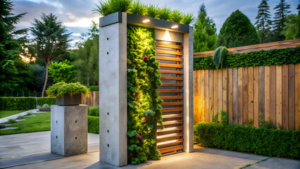 Fototapeta premium A serene garden entrance at dusk, showcasing an innovative blend of natural greenery and contemporary wooden design, accentuated by soft lighting.”