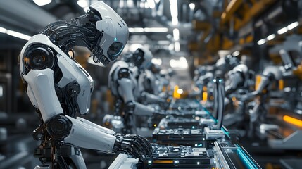 Fototapeta premium A futuristic factory floor with intelligent robots working in sync to scan and repair each product.