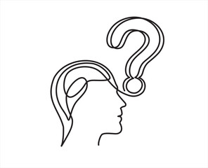 Concept of confused feelings in one continuous line drawing. Human head with question mark in simple linear style. Doodle Vector illustration for banner, brochure, poster, presentation