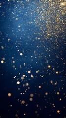 A dark blue background with golden glitter falling from the sky, bokeh light, creating an atmosphere of celebration and luxury