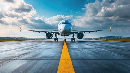 Airplane taxiing on a runway with a yellow line