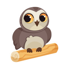 Funny Owl Flying Creature with Large Eyes and Wings Perching on Wooden Stick Vector Illustration