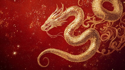 Obraz premium Golden Dragon on Red Background, Chinese New Year Celebration