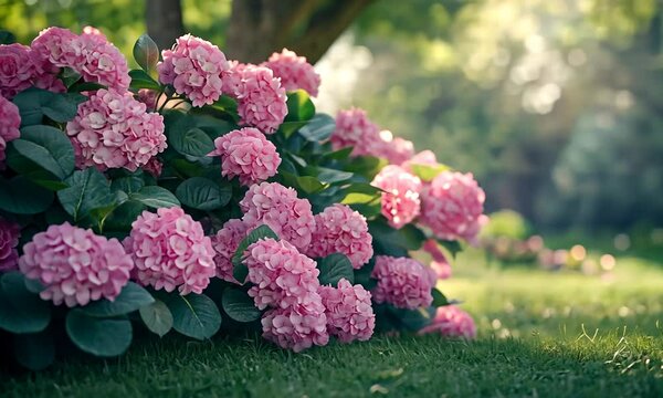 blooming pink and green hydrangea in spring garden