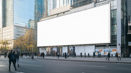 A large, blank billboard situated between modern buildings on a clear day, Advertising blank horizontal billboard in a city with skyline in the background.