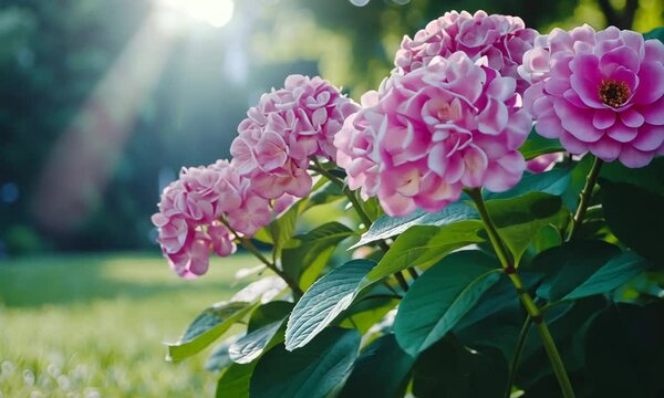 blooming pink and green hydrangea in spring garden