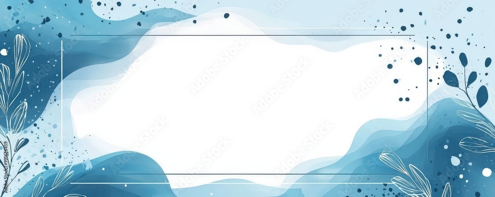 Poster blue and white background with decorative rectangular frame and abstract botanical elements