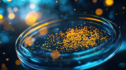 Close-up view of a petri dish filled with golden particles, surrounded by a mystical blue bokeh effect, highlighting scientific exploration and discovery.