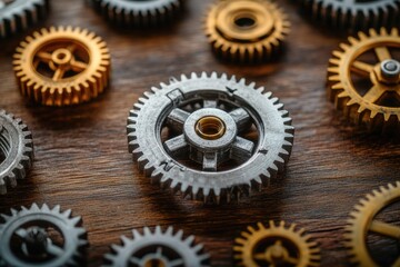 Closeup of metal gears on wood. Used for business, manufacturing, and teamwork concepts.