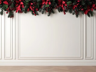 Decorative Christmas garland with red flowers and ornaments draped elegantly on a white wall, creating a festive holiday atmosphere.