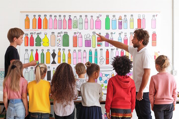 Teacher educating children about different types of recyclable bottles, promoting early environmental education and Recycle Day awareness