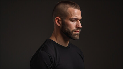 Fototapeta premium Dramatic side profile of a muscular man with a buzz cut, wearing a black shirt, dark background