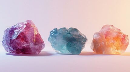 Fototapeta premium realistic photos of raw, uncut gemstones such as rubies, aquamarines, and opals, set on a clean