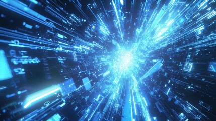 Naklejka premium Holographic beams of blue light moving through an abstract digital landscape of tech symbols, creating a futuristic energy.