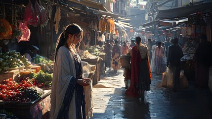 Fototapeta premium 63. A gentle goddess of peace spreading love in a busy market