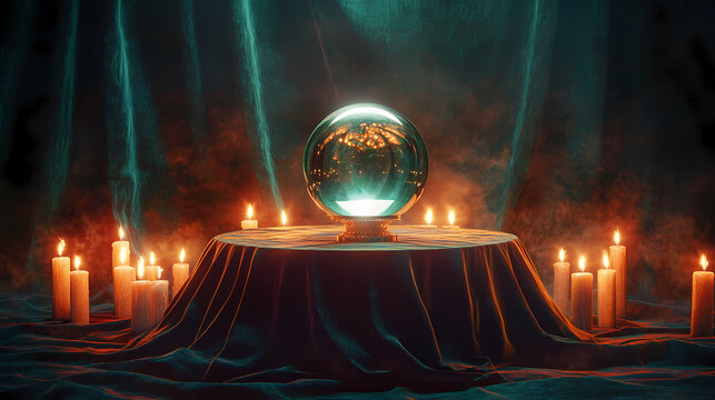 A seance table covered in a velvet cloth, with candles flickering and a crystal ball at its center, evoking a sense of mystery and spiritual exploration. Crystal Ball. Illustration