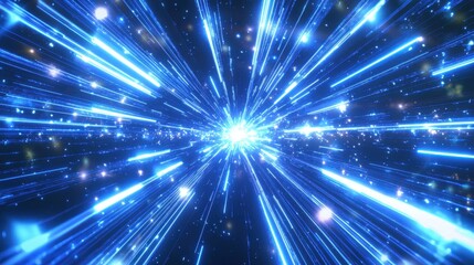 Naklejka premium Holographic beams of blue light traveling through a dynamic digital grid, highlighting the modern technology atmosphere.