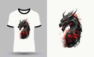 white t-shirt with dragon design.