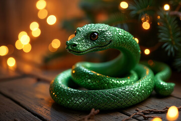 Fototapeta premium Vibrant green snake with a black tongue, coiled on a wooden surface adorned with Christmas lights and pine branches.