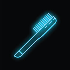 Blue neon sign depicting a hair dyeing brush with a long handle, glowing on a black background