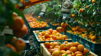 A robotic arm efficiently harvesting oranges and filling crates in an orchard