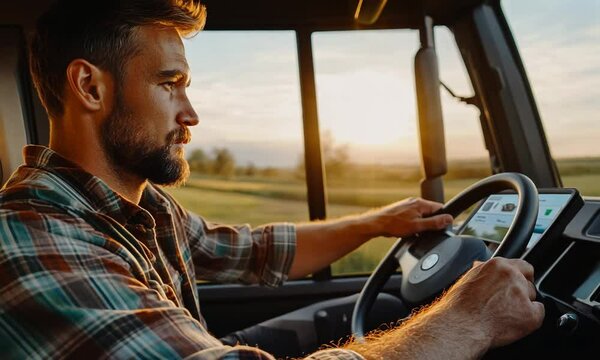 Man driving tractor in farming field concept