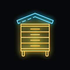 Glowing neon sign representing a beehive with roof for producing honey on a black background