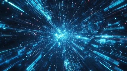 Naklejka premium Holographic blue beams of light moving dynamically through a tech-inspired grid filled with futuristic technology symbols.