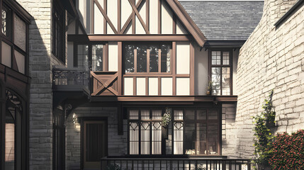 Fototapeta premium A detailed look at tudor and modern materials in a house extension. concept tudor architecture, modern extension, building materials, house renovation. Tudor Architecture. Illustration