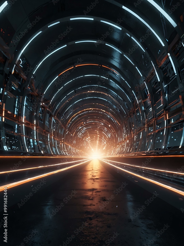 Poster futuristic animation of a light-filled tunnel with circular patterns.