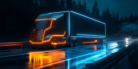 Semi-Truck Driving on Highway at Night