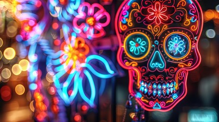 Obraz premium Day of The Dead sugar Neon Skull with floral ornament. Mexican skull.