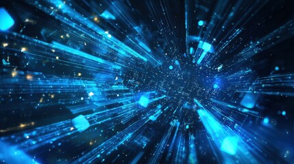 Fototapeta premium Holographic blue beams of light slicing through a digital world of abstract technology symbols, evoking futuristic energy.