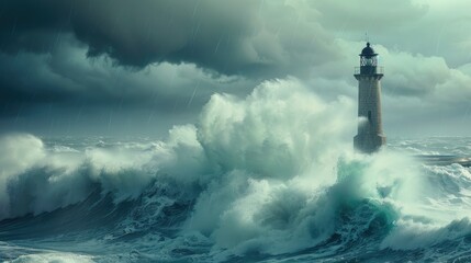 Black Lighthouse in the middle of the ocean, big waves and storm around the light house, dark clouds, lighthouse sunken by ocean and sea