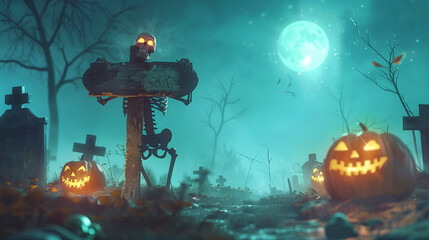 Halloween night with pumpkins under a spooky moon, featuring bats and ghosts in a dark, eerie scene surrounded by trees and autumn leaves