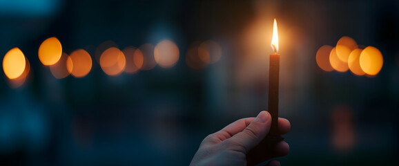 Hand holding lit candle in darkness for All Saints' Day vigil and personal remembrance of departed souls. Place for text