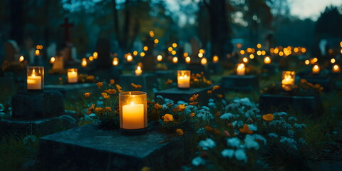 Candlelit cemetery path for All Saints' Day night vigil and peaceful remembrance of departed souls