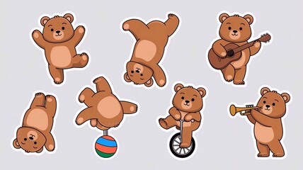 Illustration of cute bears in various playful poses. Stickers isolated on a white background