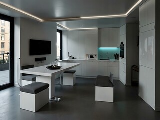 Futuristic micro-apartment with smart tech and retractable furniture.