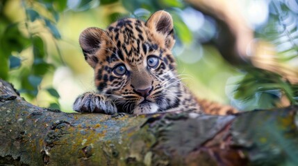Fototapeta premium A cute leopard cub is sitting on a tree branch