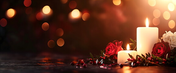 Solemn All Saints' Day setting with lit candles and red roses for honoring saints and remembering departed souls. Place for text