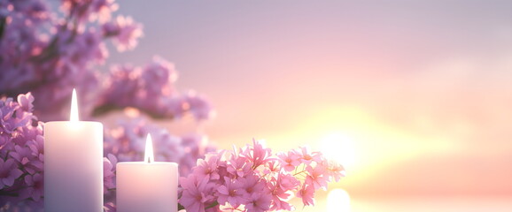 All Saints' Day scene with lit candles and cherry blossoms for spiritual renewal and honoring departed loved ones