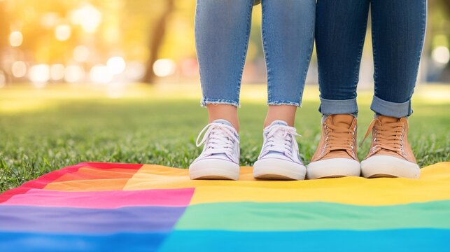 Heartfelt LGBTQ Marriage Proposal at Pride Picnic - Intimate Moment on Rainbow Blanket Capturing Love and Surprise in a Beautiful Outdoor Setting