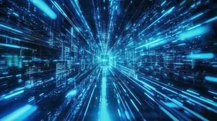 Holographic blue beams of light traveling through a digital grid of tech symbols, creating a modern technology-driven atmosphere.