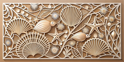 A laser-cut panel template featuring abstract designs with seashells, starfish, and ocean elements, ideal for decorative screens, wall art, and crafts.