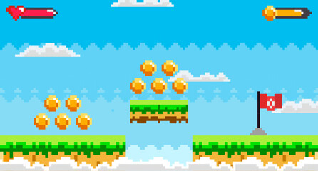 Vivid pixel art scene with hearts, coins, and platforms against a clear blue sky with clouds. Ideal for retro gaming, platform games, video game development, arcade-style graphics, mobile game