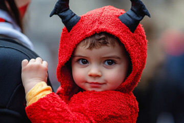Smiling boy child with red Halloween devil costume hoodie with horns